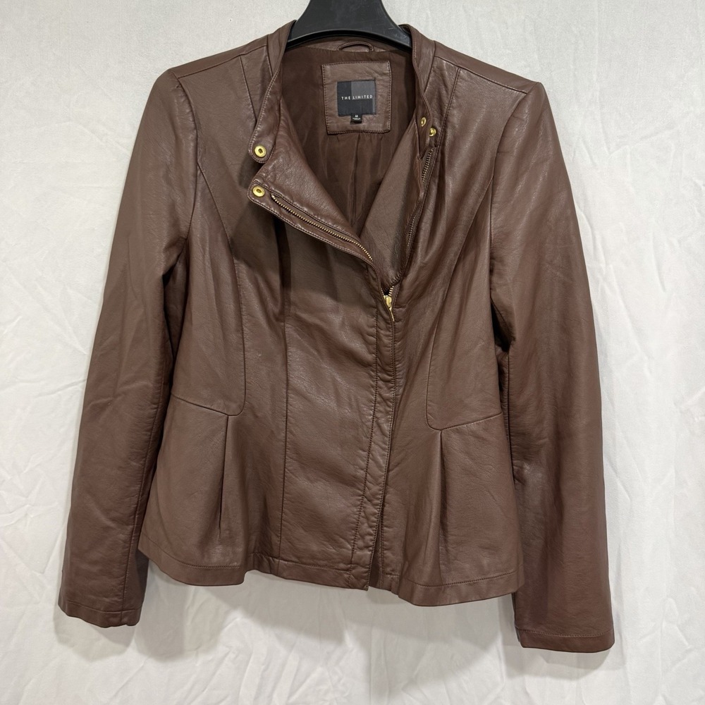 Women's Faux Leather Short Full Zip Jacket Brown M Gold Zippers Snaps Biker